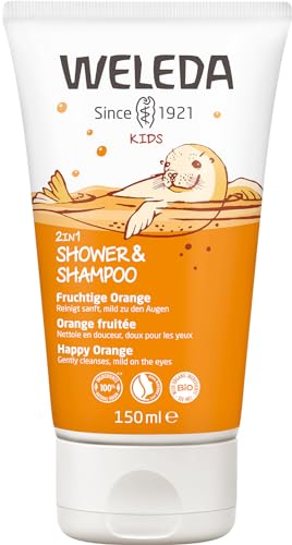 WELEDA Bio Kids 2-in-1 Shower & Shampoo Fruity Orange, natural cosmetic shower gel and body lotion for gentle cleansing of skin and hair, suitable for children from three years (1 x 150 ml) on sale